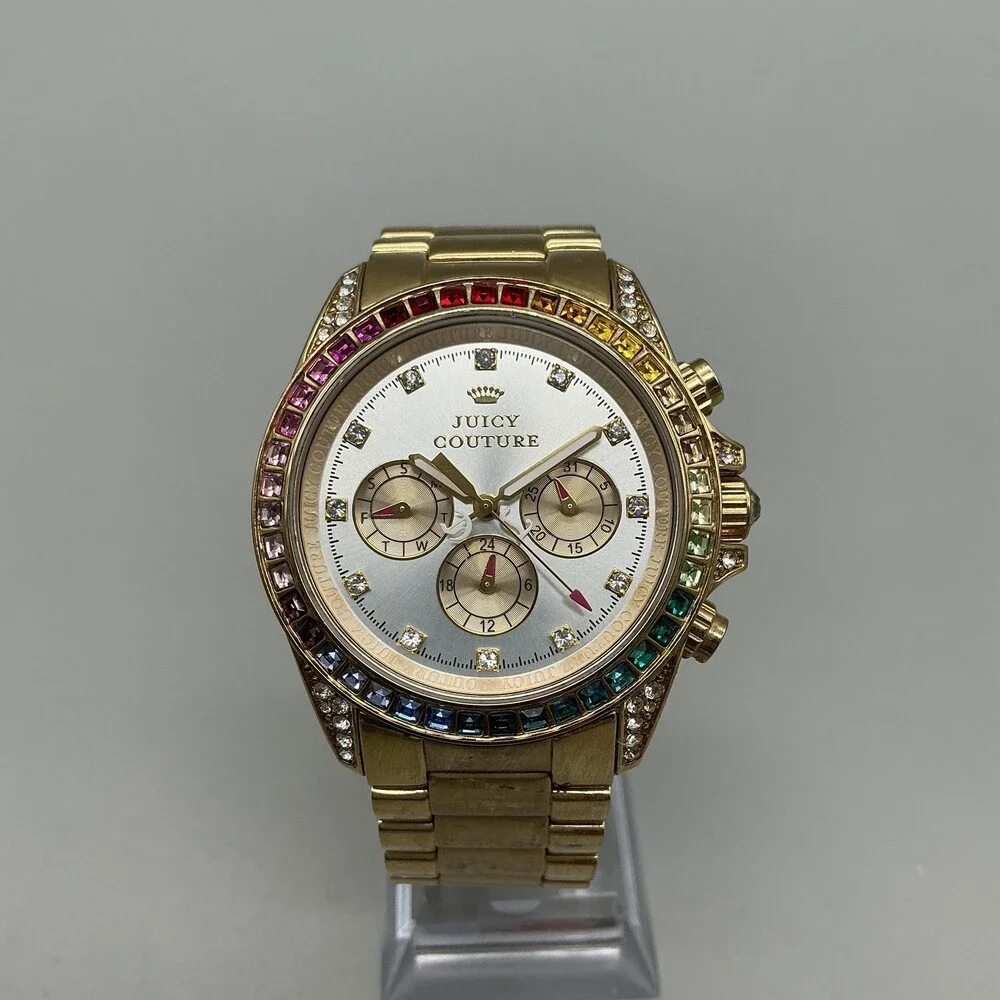 Juicy Couture Stella Womens Watch 40mm Gold Tone Rainbow Crystal New Battery 7